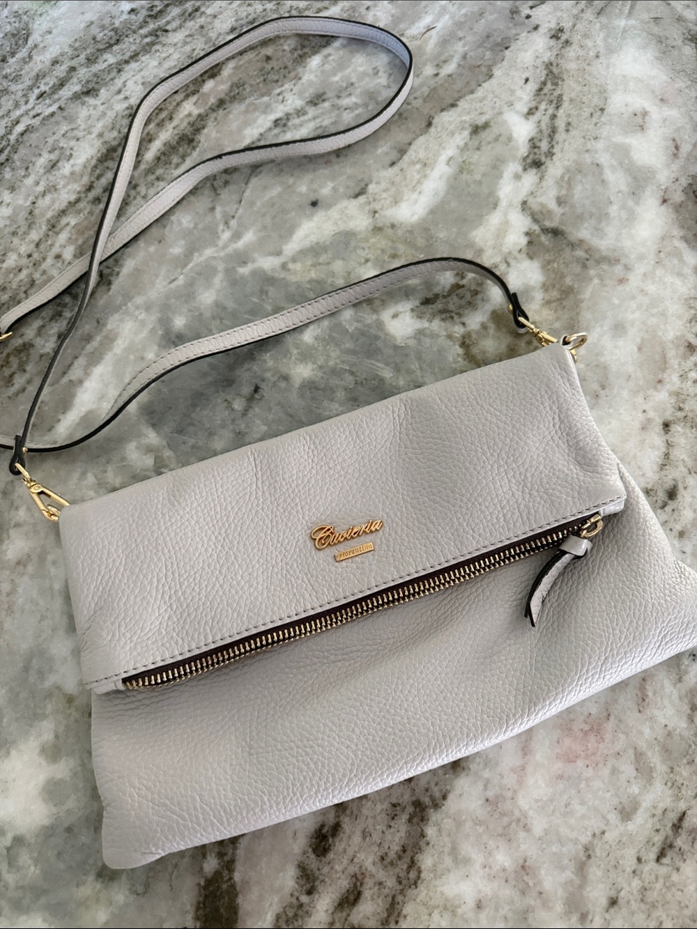 Pebbled Leather Crossbody Bag in Light Gray